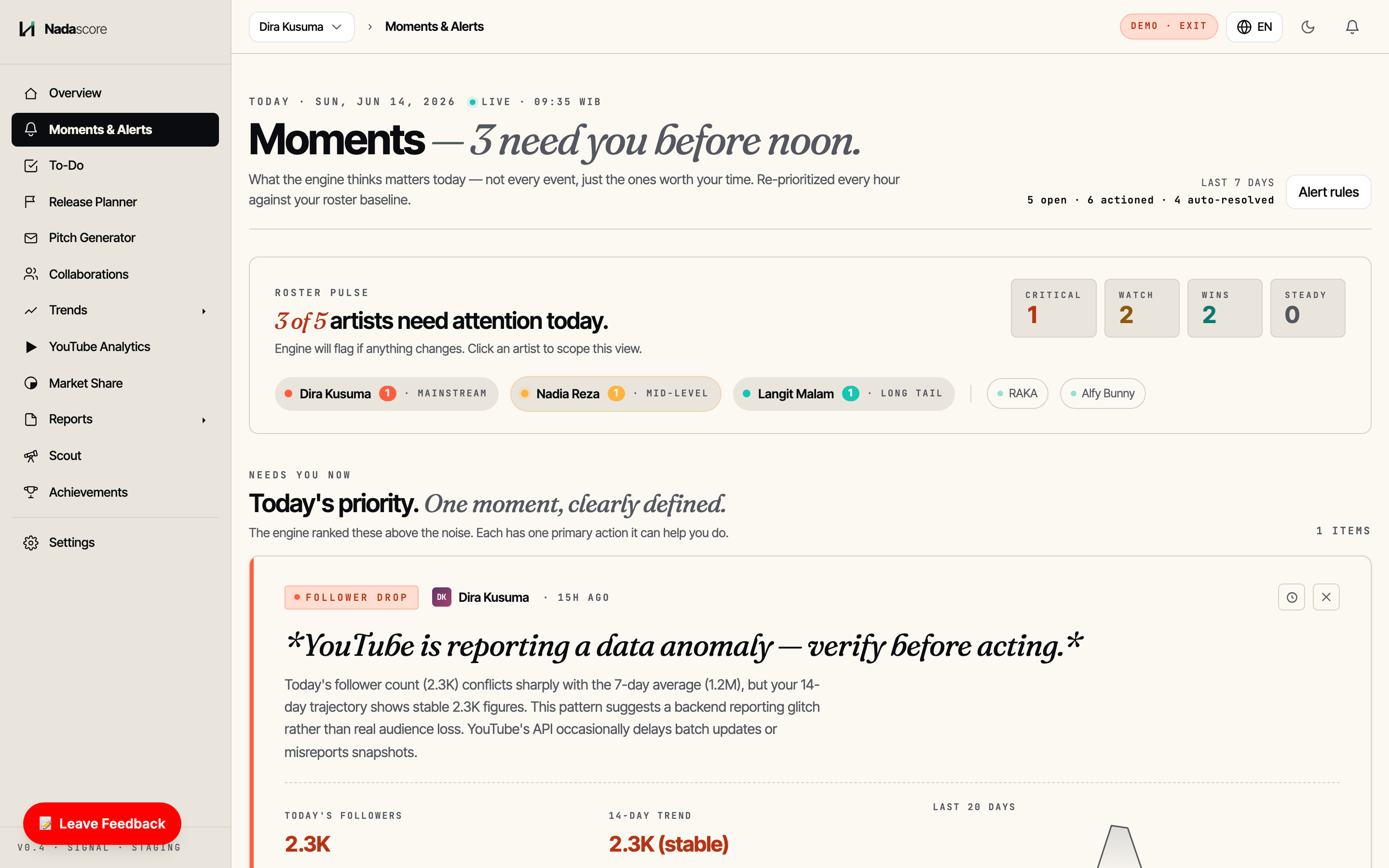 Moments & Alerts — real-time roster pings