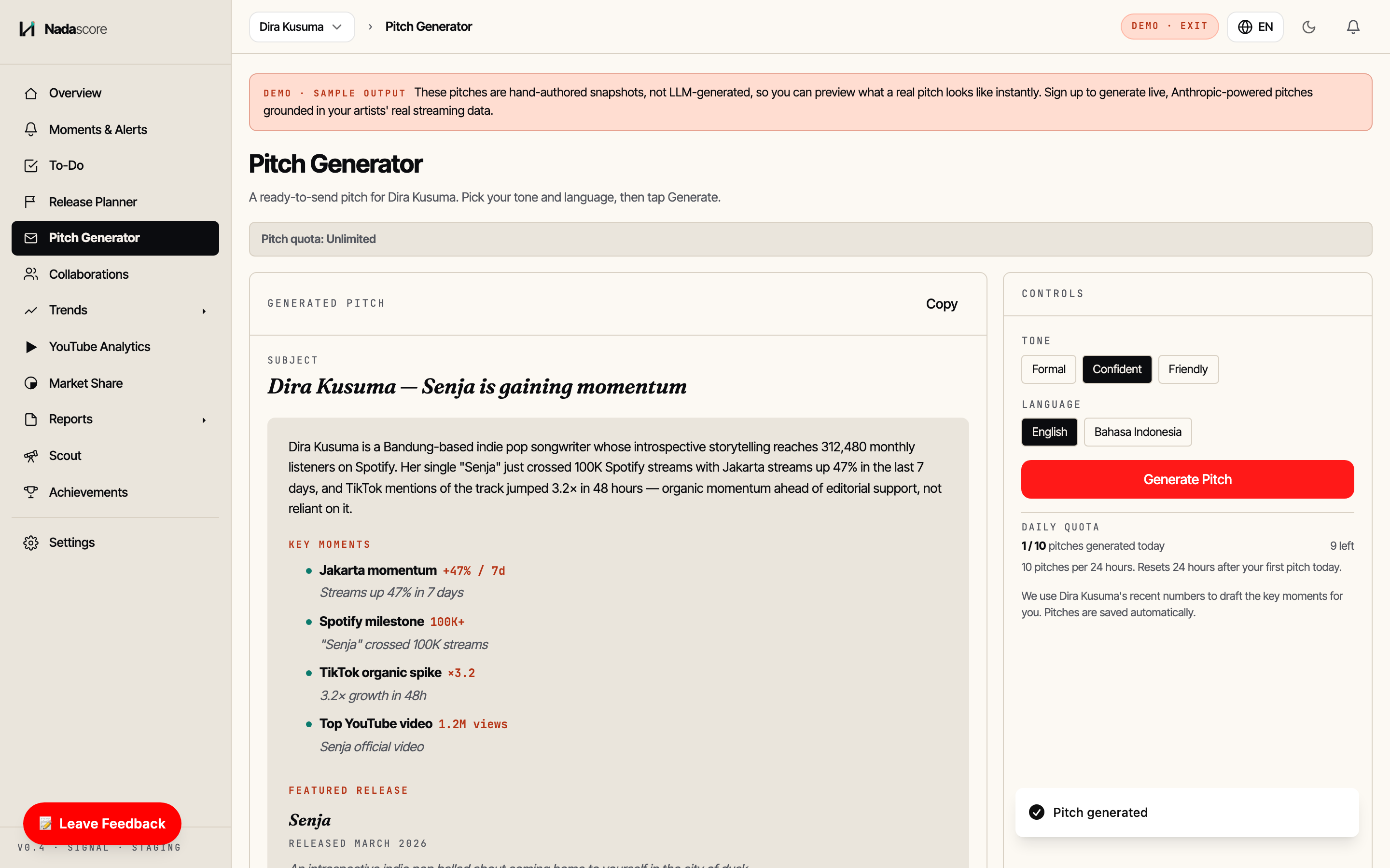 AI Pitch Generator — composed curator email