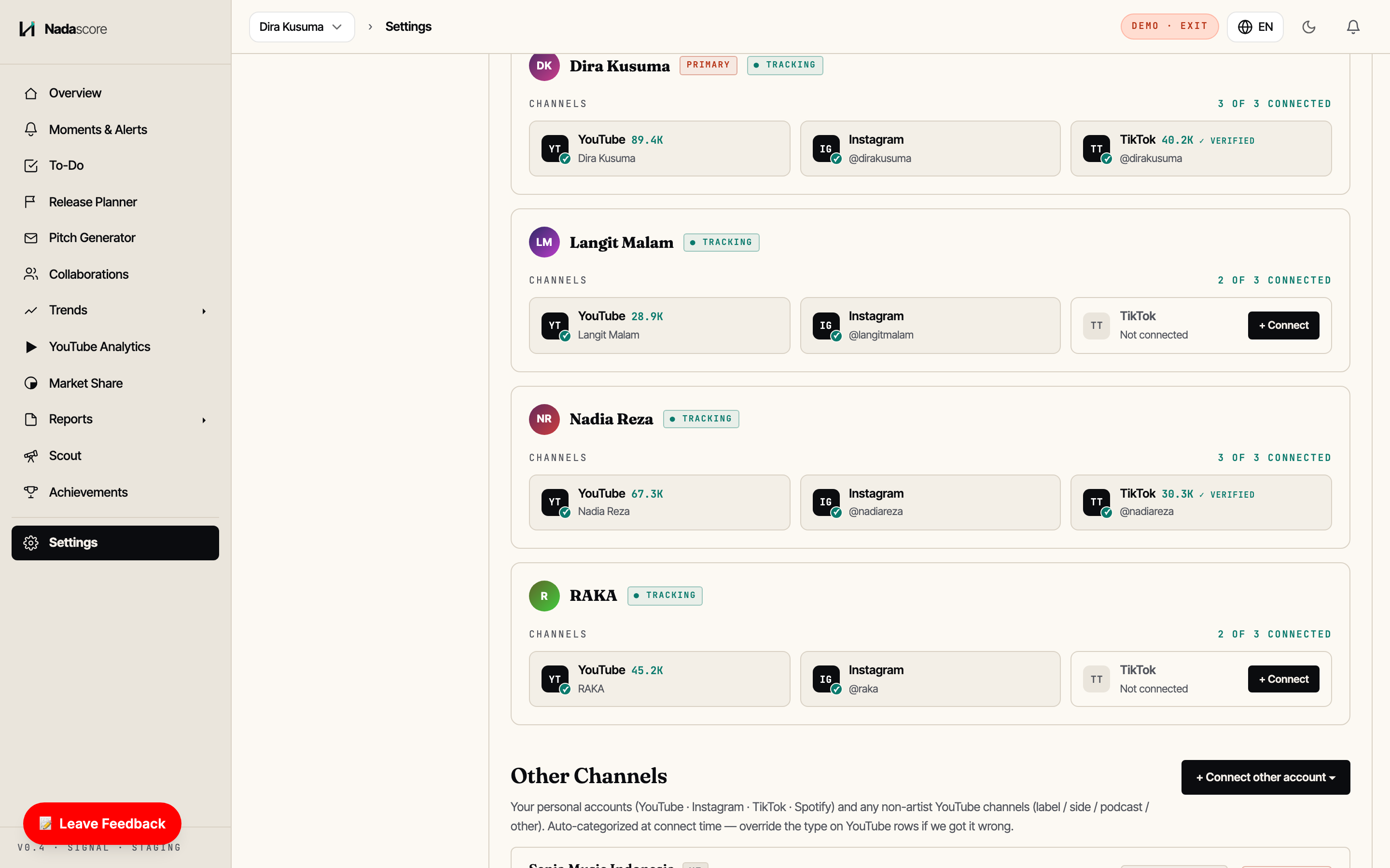 Roster — manage your artists, seats and connected channels