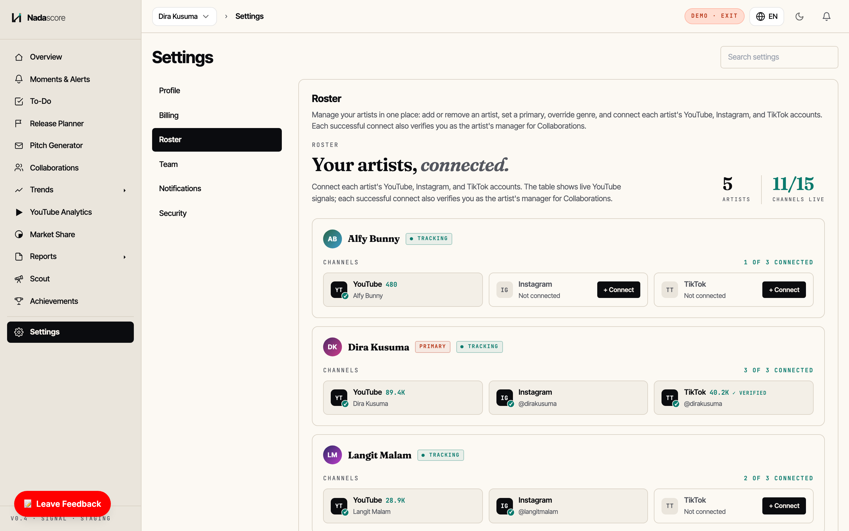 Roster — connect each artist's YouTube, Instagram and TikTok (read-only)
