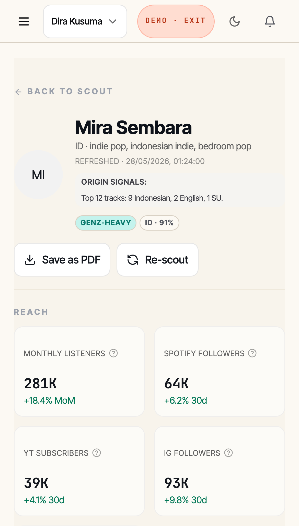 Scout on mobile — on-demand A&R research and discovery cohort