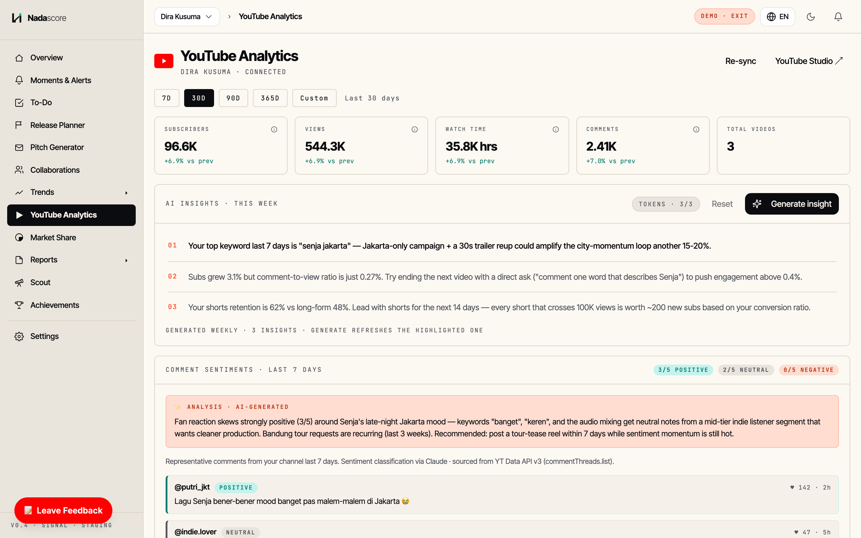 Deep YouTube analytics — channel footprint and metrics