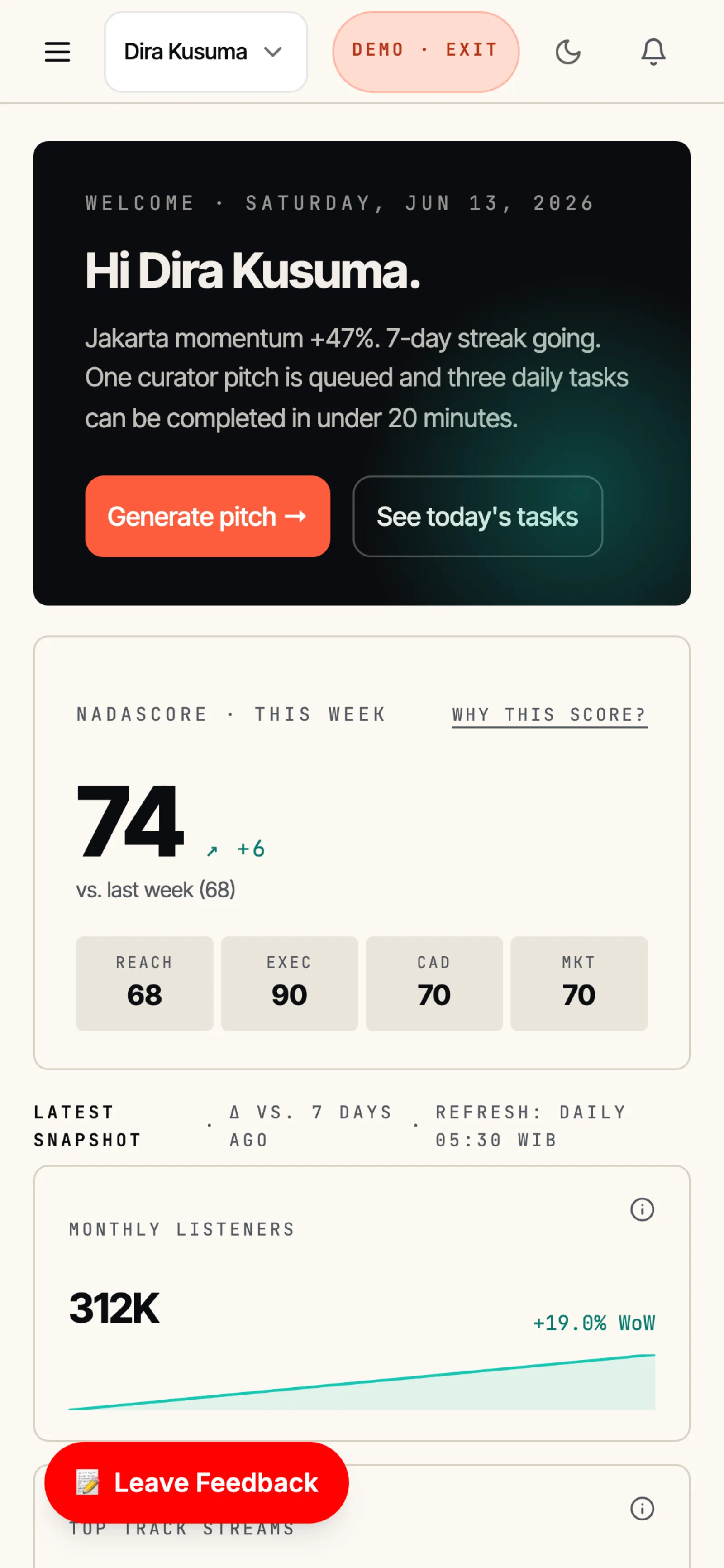 Nadascore dashboard on mobile